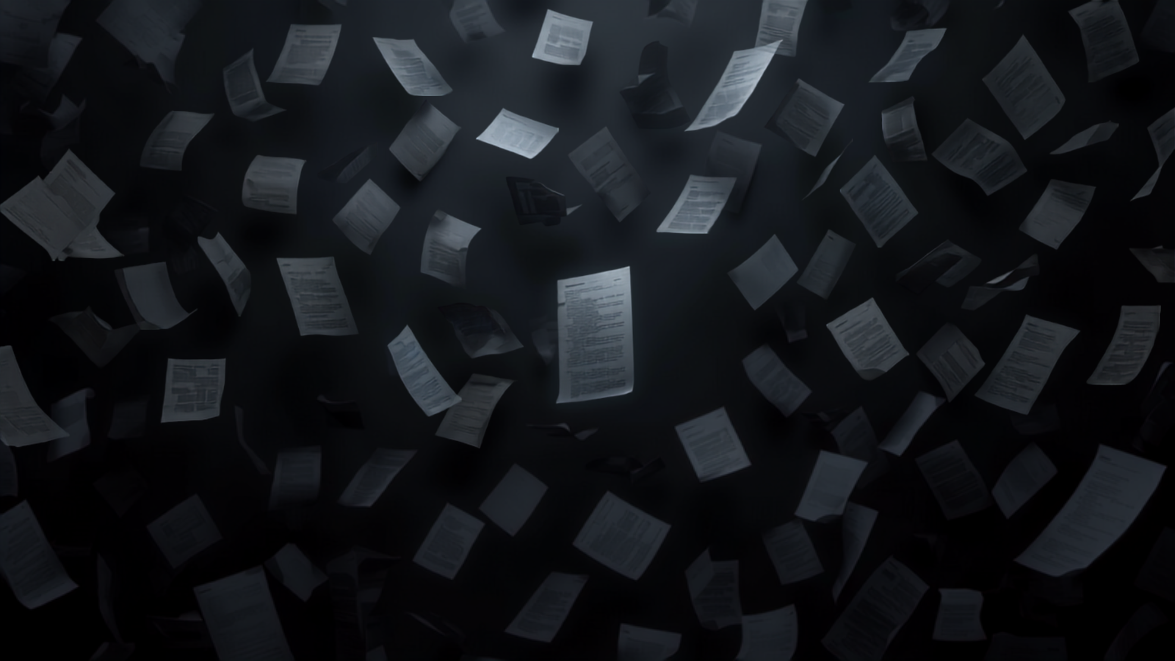 Sheets of paper suspended in dark space, suggesting a large body of documents being searched