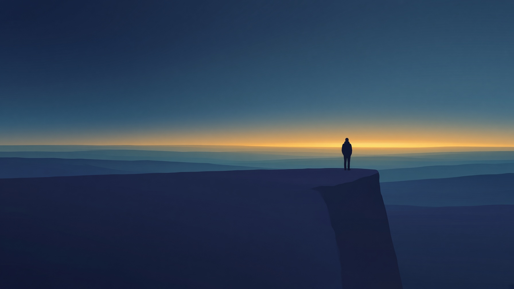 A flat stylised illustration of a lone figure standing in silhouette at the edge of a high plateau at dawn, looking out over layered blue hills towards a narrow band of gold light along the horizon