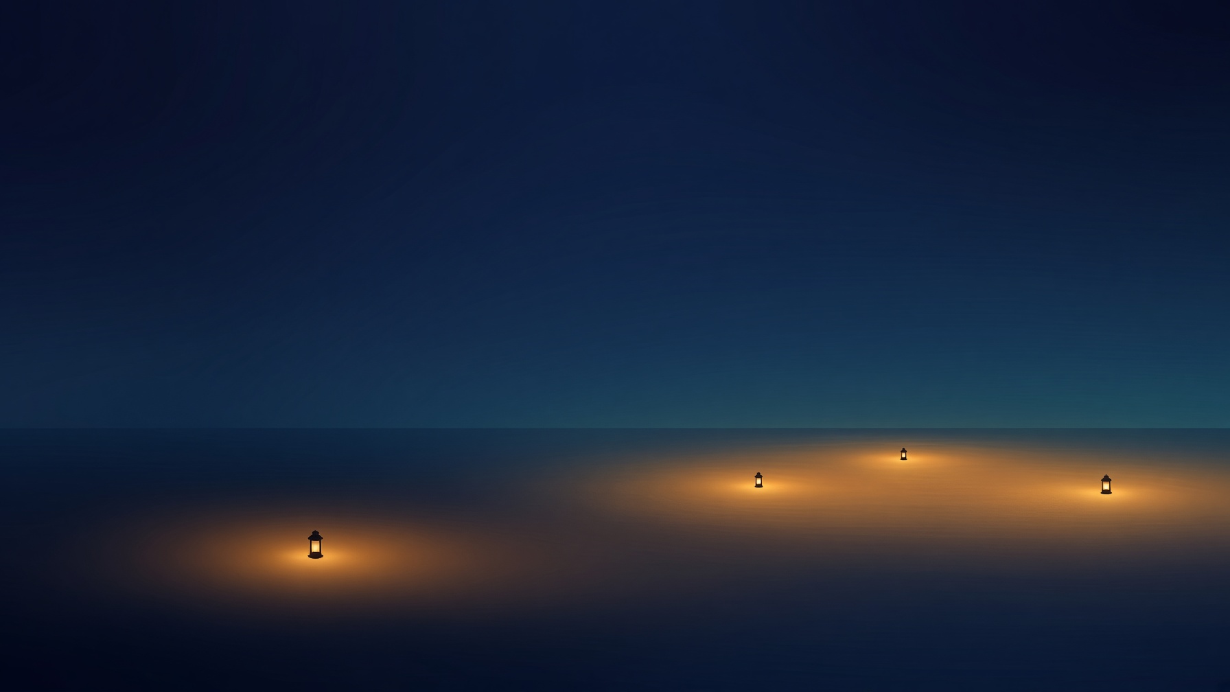 A flat stylised illustration of a wide dark plain at night with four small lanterns standing on it, each casting a pool of warm light, and the pools of the three furthest lanterns merging into one larger lit area