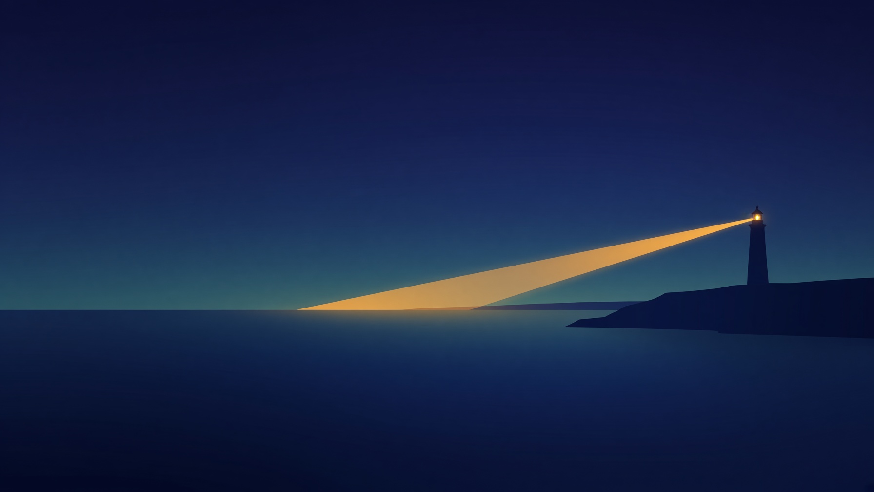 A flat stylised illustration of a lighthouse standing in silhouette on a headland at the right of a deep blue seascape, casting one wedge of warm light out across still water towards the far horizon